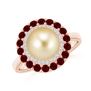 8mm AAAA Golden South Sea Pearl & Ruby Double Halo Ring in Rose Gold