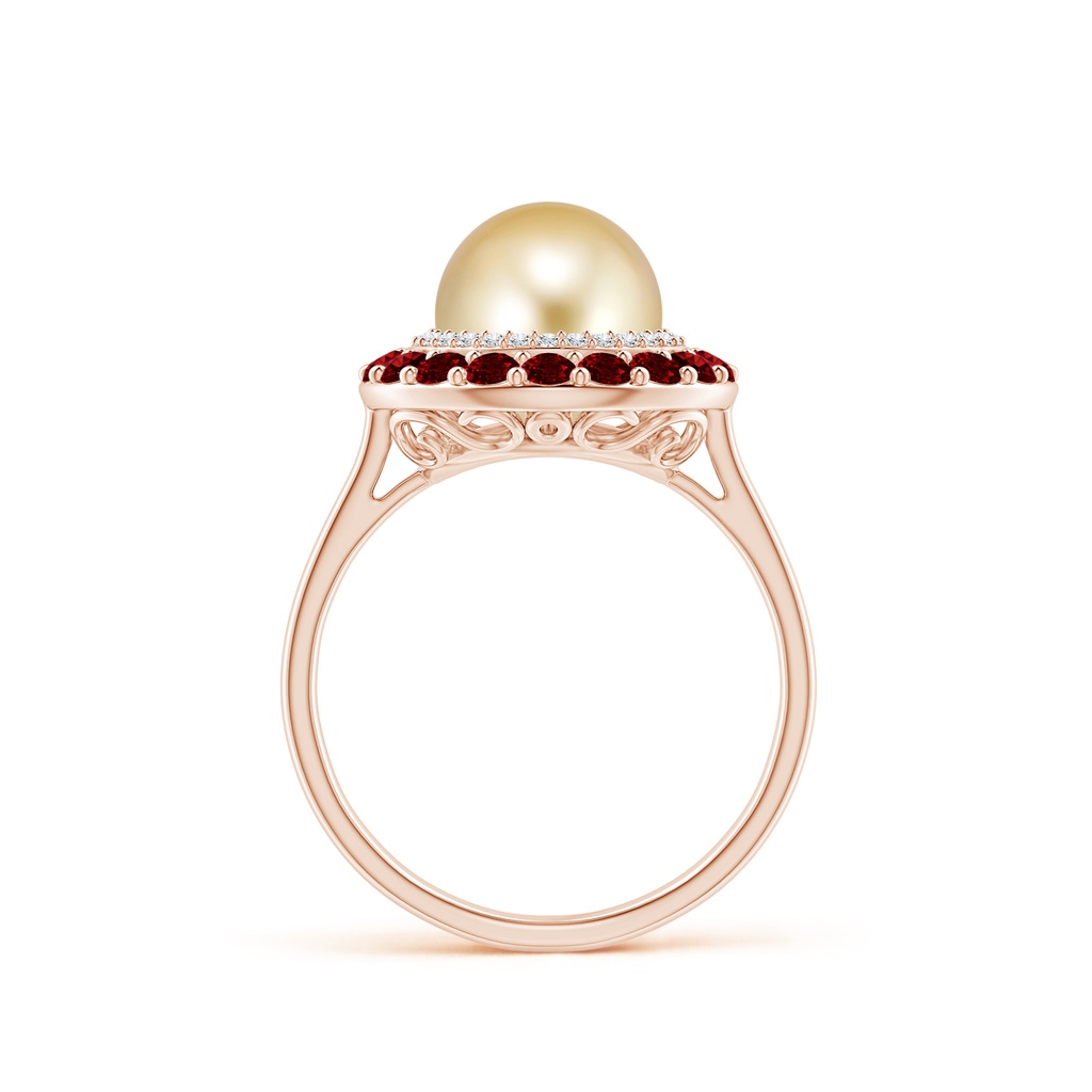 8mm AAAA Golden South Sea Pearl & Ruby Double Halo Ring in Rose Gold Side 1