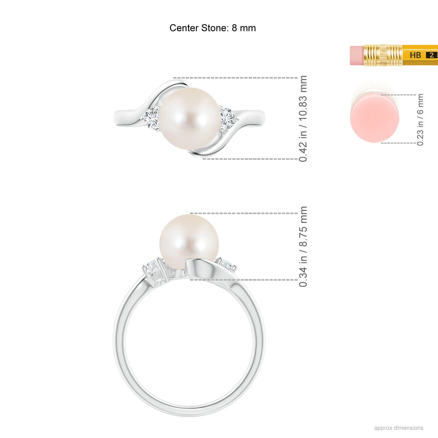 8mm AAAA Classic Freshwater Pearl Bypass Ring in P950 Platinum - ruler