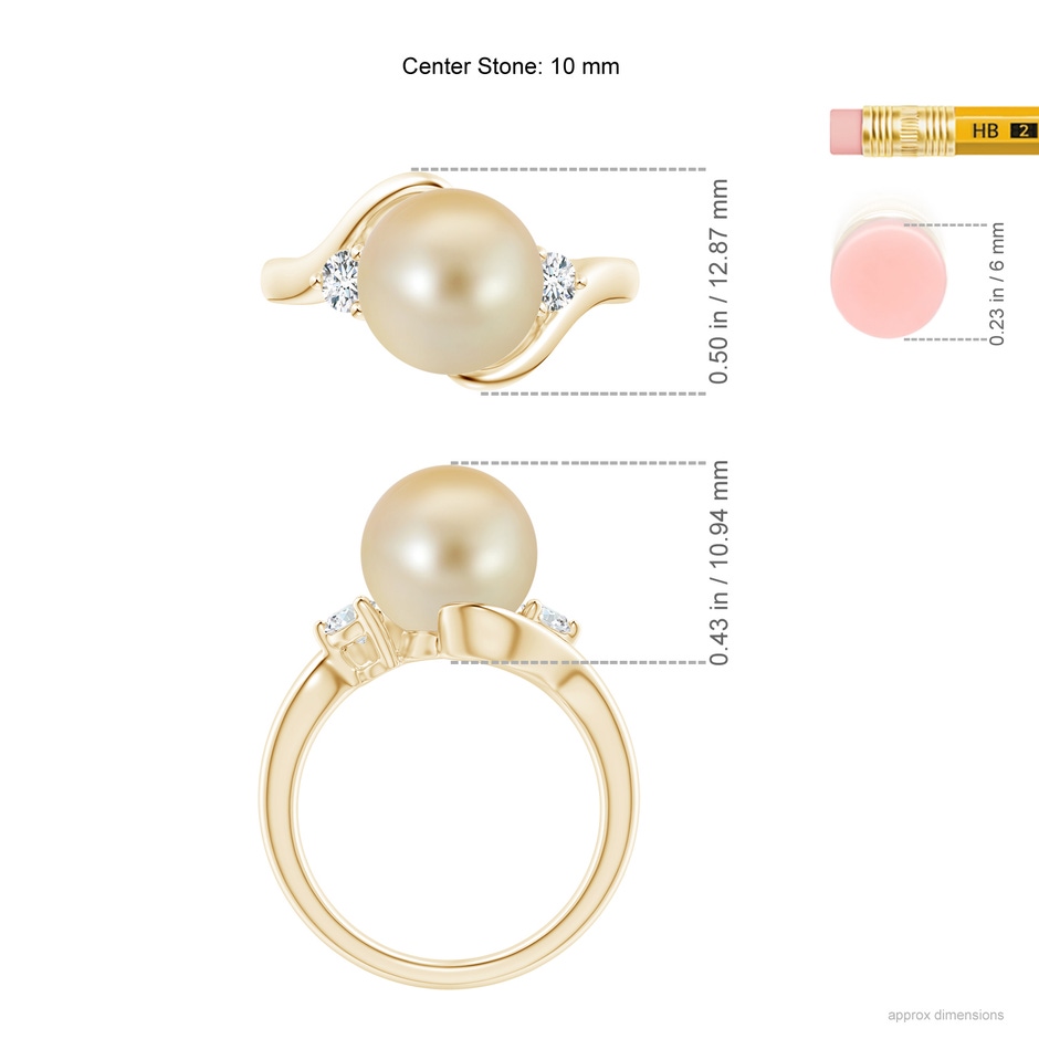 10mm AAA Classic Golden South Sea Pearl Bypass Ring in Yellow Gold ruler