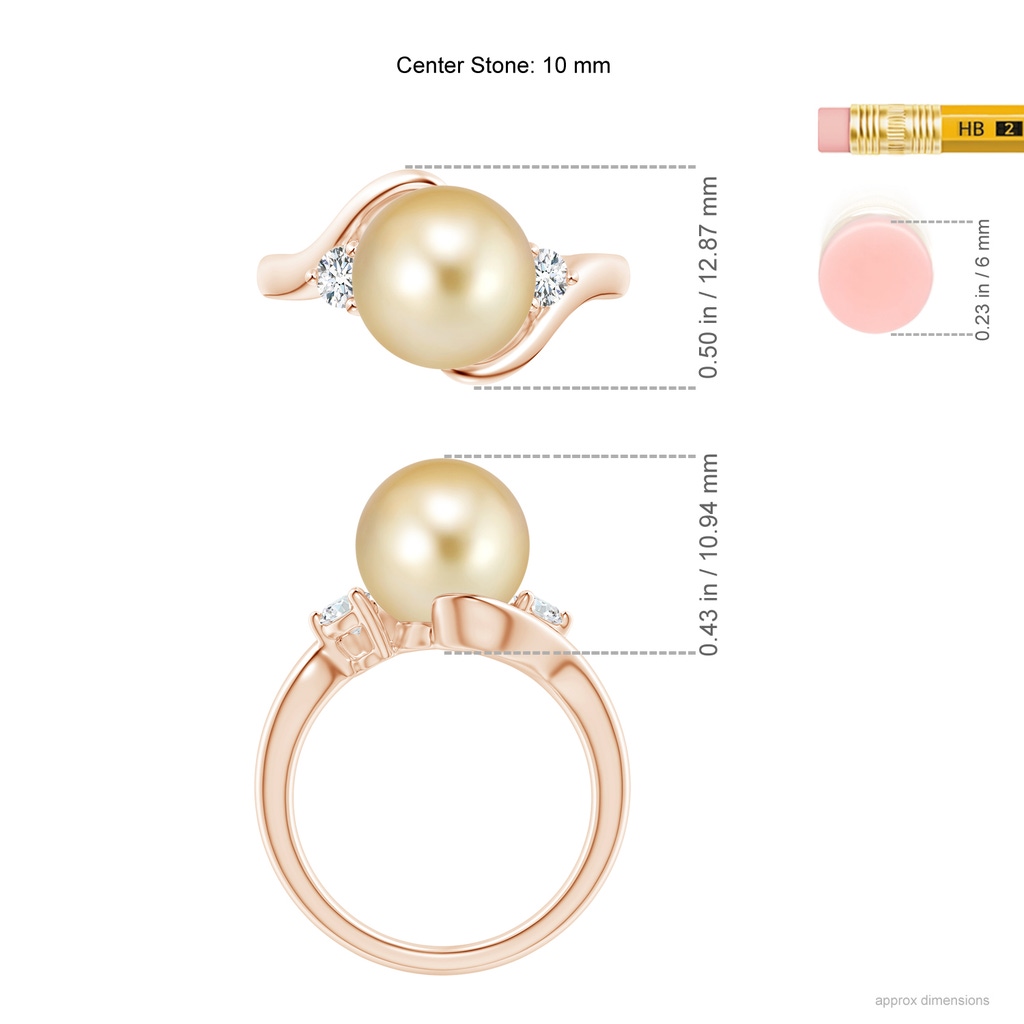 10mm AAAA Classic Golden South Sea Pearl Bypass Ring in Rose Gold Ruler