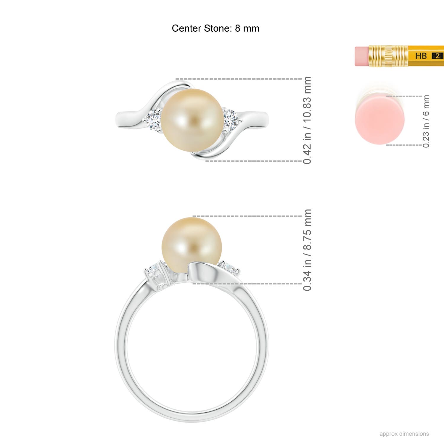8mm AAA Classic Golden South Sea Pearl Bypass Ring in White Gold - ruler