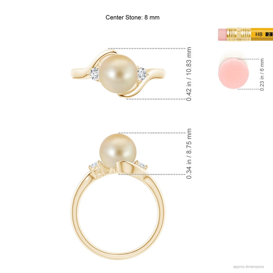 8mm AAA Classic Golden South Sea Pearl Bypass Ring in Yellow Gold ruler