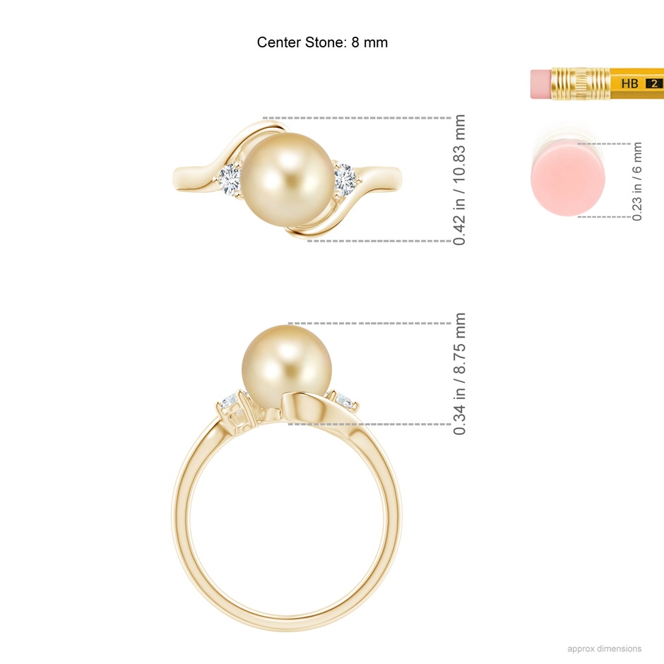 8mm AAAA Classic Golden South Sea Pearl Bypass Ring in Yellow Gold ruler