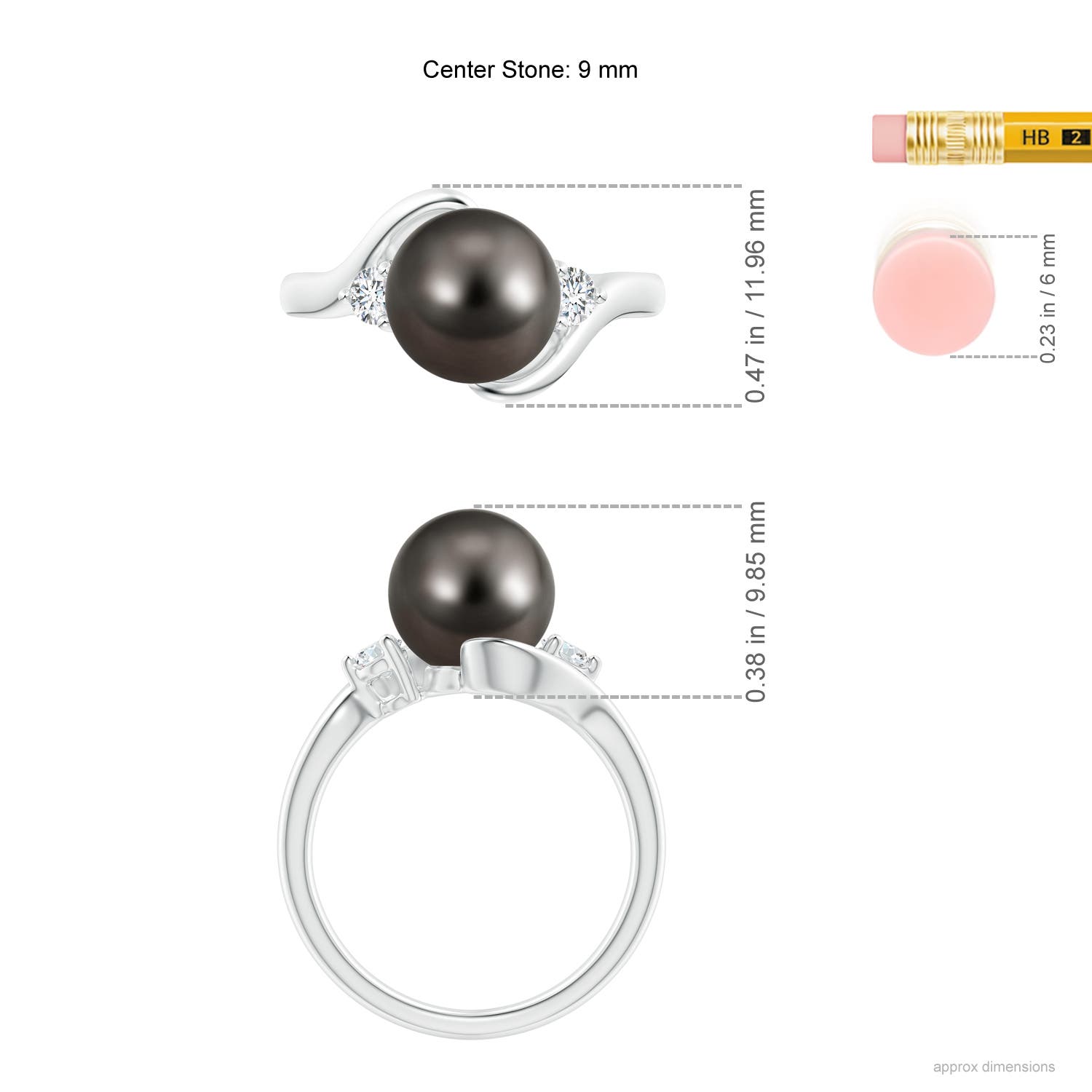 9mm AAA Classic Tahitian Pearl Bypass Ring in White Gold - ruler