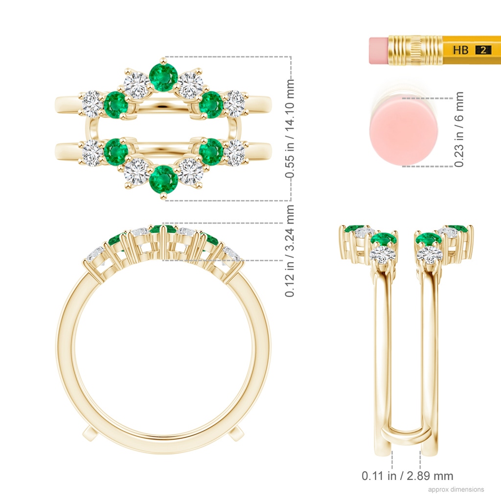 2.6mm AAA Emerald and Diamond Sunburst Ring Wrap in Yellow Gold Ruler