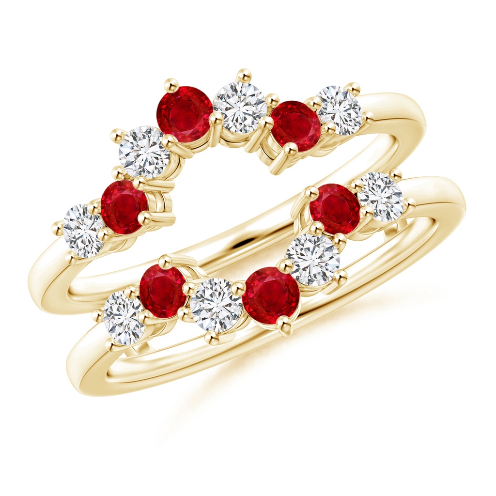 2.6mm AAA Ruby and Diamond Sunburst Ring Wrap in 18K Yellow Gold