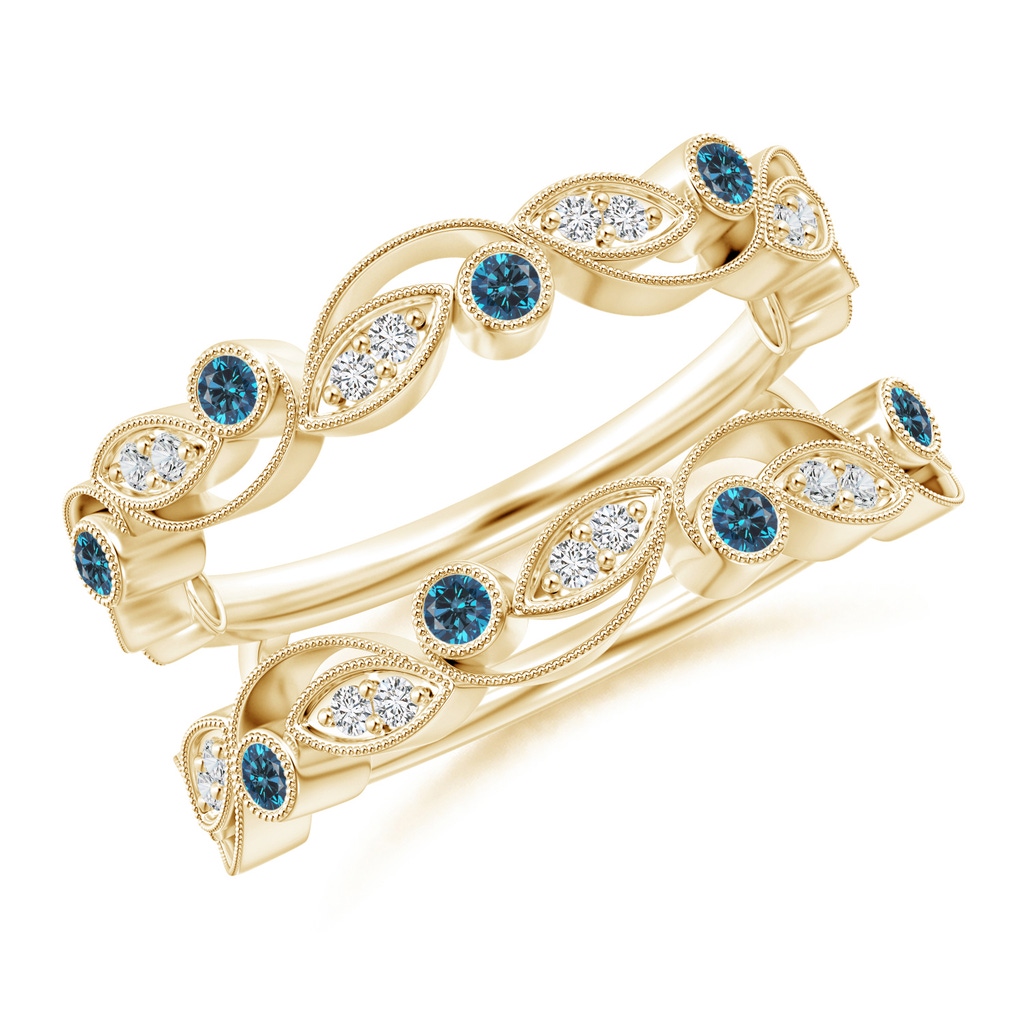 1.5mm AAA Leaf Motif White and Blue Diamond Ring Wrap in Yellow Gold