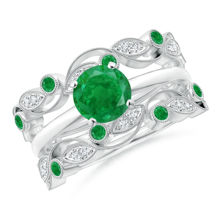 1.5mm AA Leaf Motif Emerald and Diamond Ring Wrap in 18K White Gold Side-3