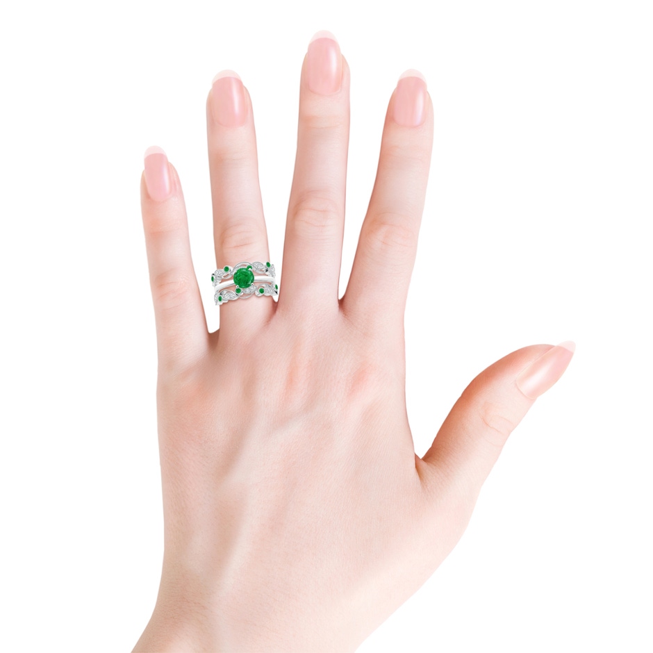 1.5mm AA Leaf Motif Emerald and Diamond Ring Wrap in 18K White Gold Body-Hand