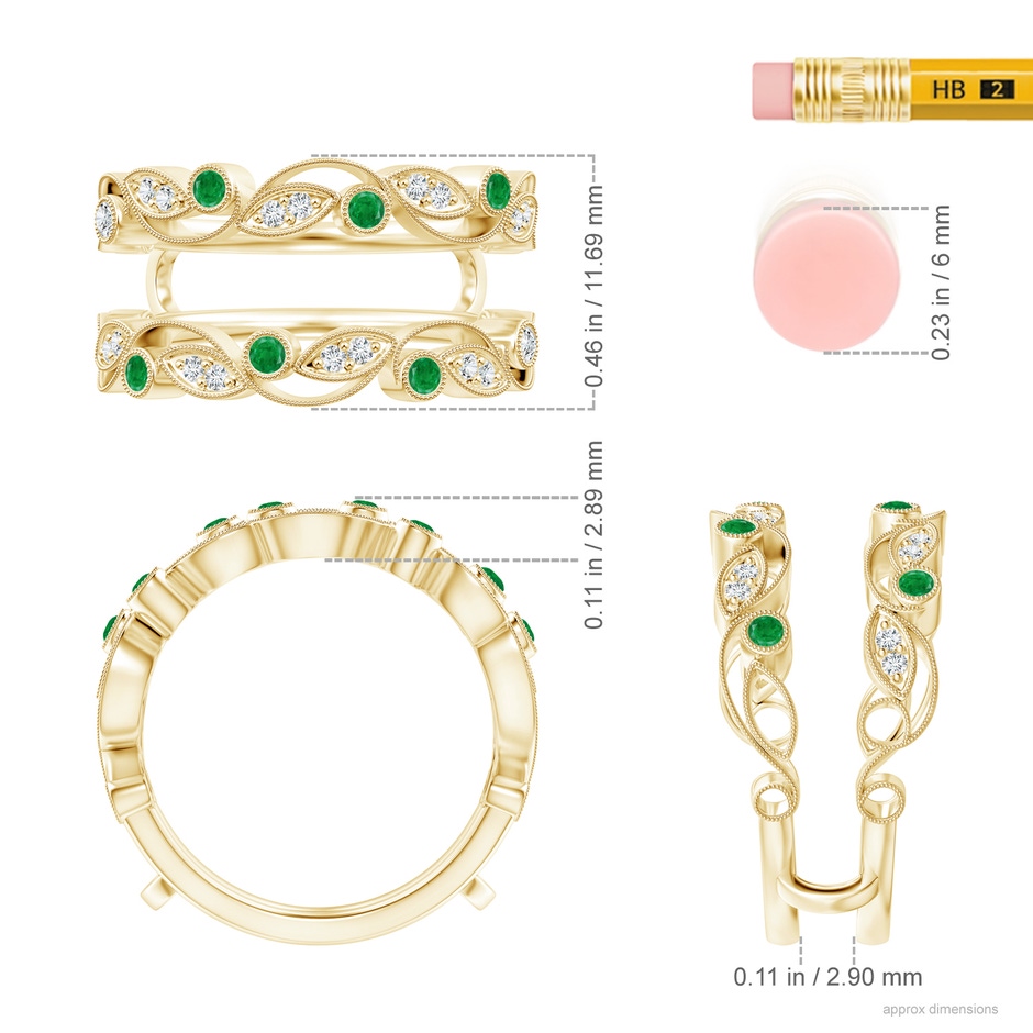 1.5mm AA Leaf Motif Emerald and Diamond Ring Wrap in 18K Yellow Gold ruler