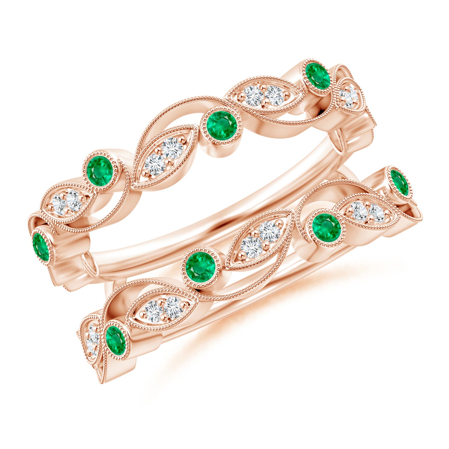 1.5mm AAA Leaf Motif Emerald and Diamond Ring Wrap in 18K Rose Gold