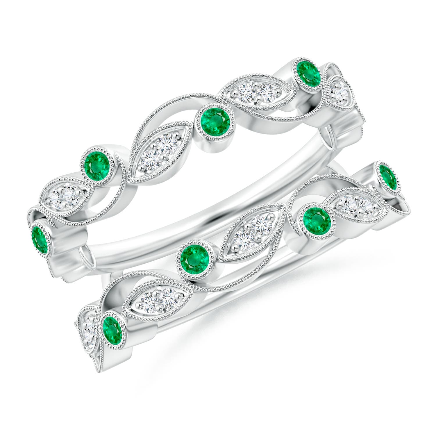 1.5mm AAA Leaf Motif Emerald and Diamond Ring Wrap in 18CT White Gold