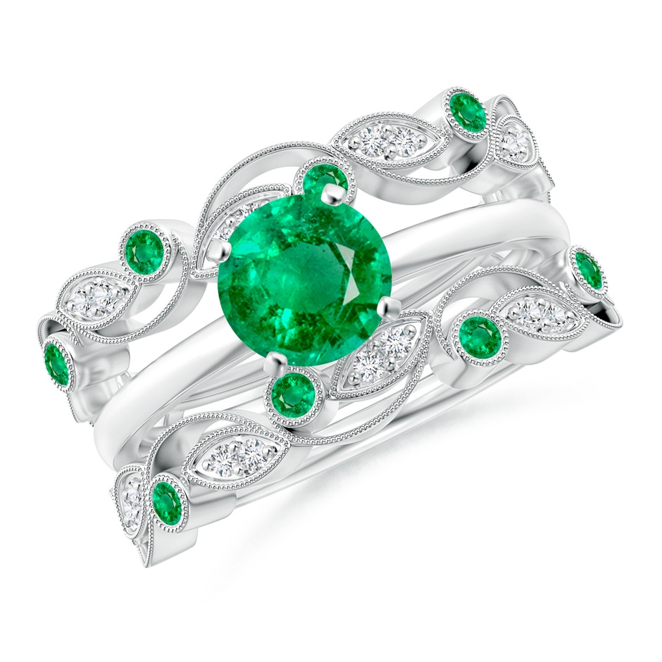 1.5mm AAA Leaf Motif Emerald and Diamond Ring Wrap in 18K White Gold Side-3