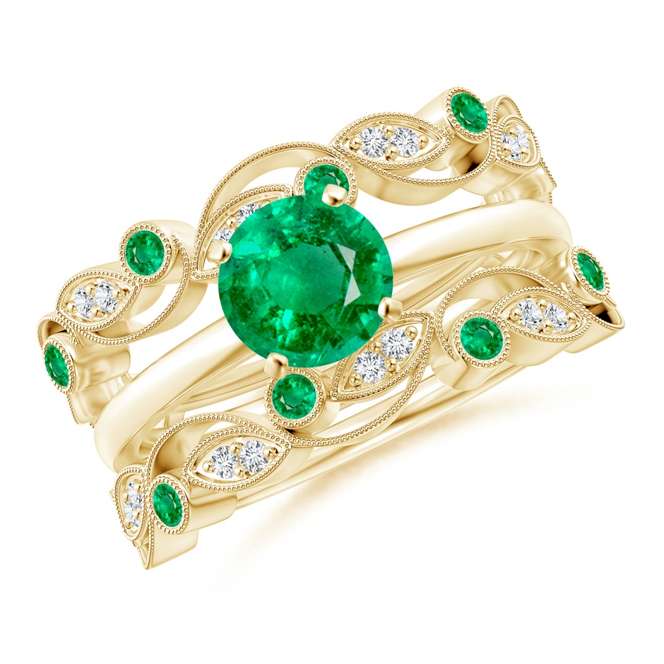 1.5mm AAA Leaf Motif Emerald and Diamond Ring Wrap in 18K Yellow Gold side-3