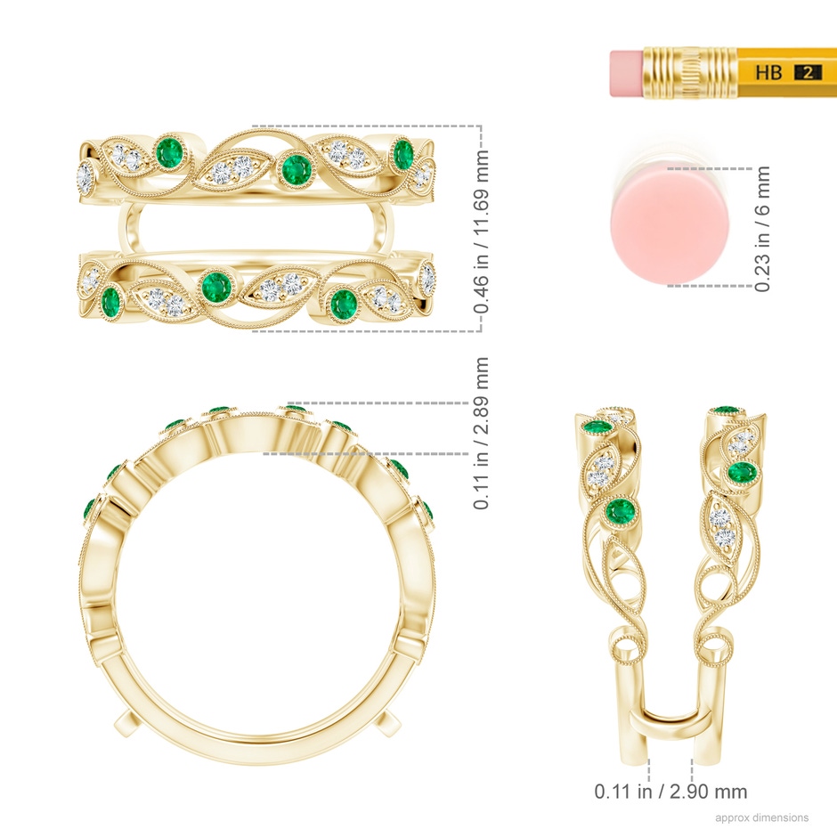 1.5mm AAA Leaf Motif Emerald and Diamond Ring Wrap in 18K Yellow Gold ruler