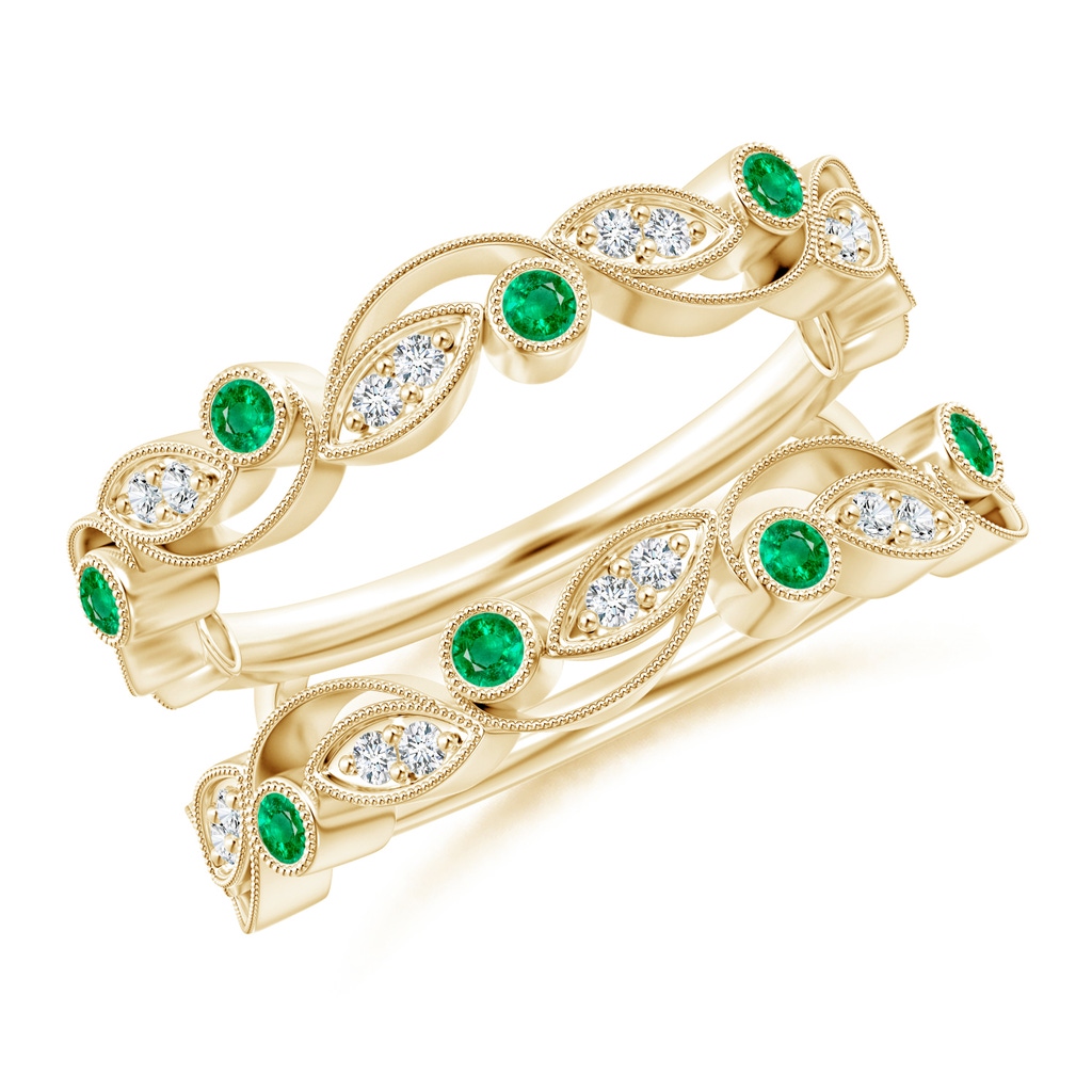 1.5mm AAA Leaf Motif Emerald and Diamond Ring Wrap in Yellow Gold