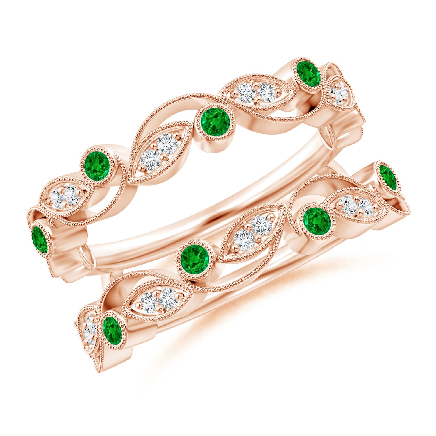 1.5mm AAAA Leaf Motif Emerald and Diamond Ring Wrap in 18K Rose Gold