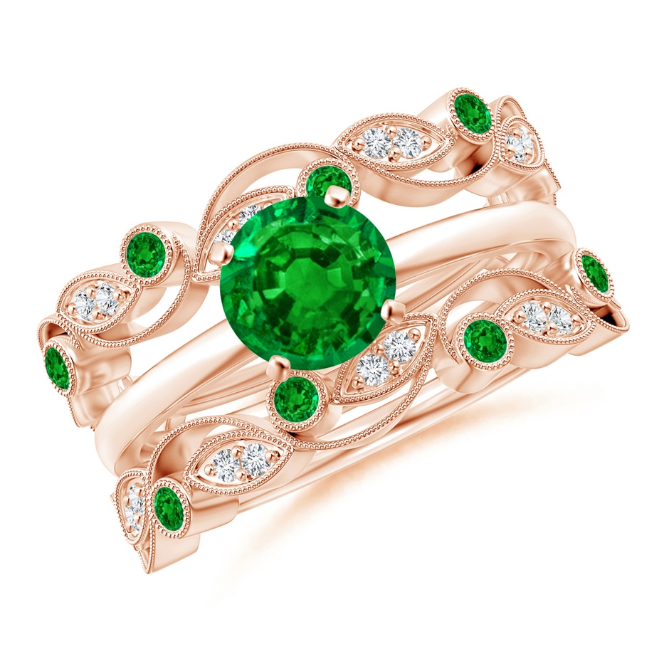 1.5mm AAAA Leaf Motif Emerald and Diamond Ring Wrap in 18K Rose Gold Side-3