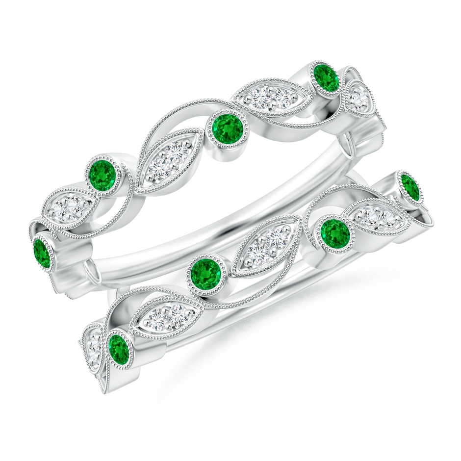 1.5mm AAAA Leaf Motif Emerald and Diamond Ring Wrap in 18K White Gold 