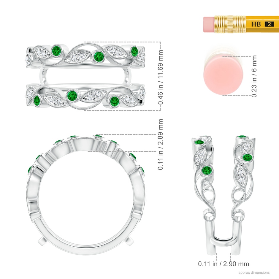 1.5mm AAAA Leaf Motif Emerald and Diamond Ring Wrap in 18K White Gold Ruler