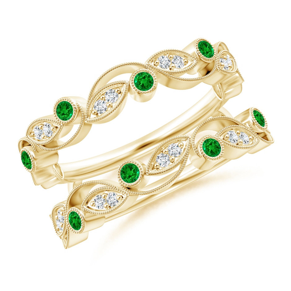1.5mm AAAA Leaf Motif Emerald and Diamond Ring Wrap in 18K Yellow Gold 