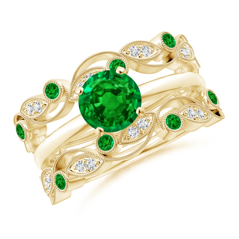 1.5mm AAAA Leaf Motif Emerald and Diamond Ring Wrap in 18K Yellow Gold Side-3