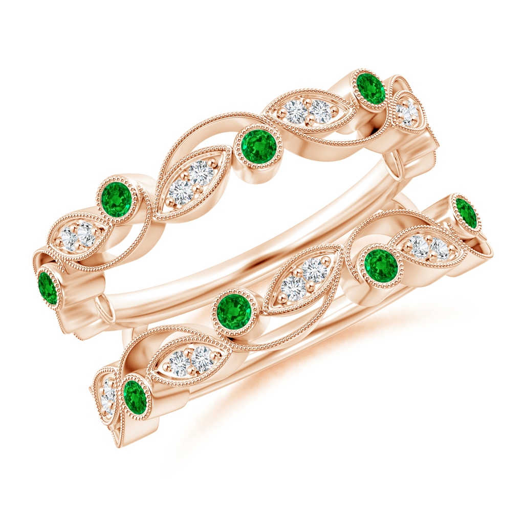 1.5mm AAAA Leaf Motif Emerald and Diamond Ring Wrap in Rose Gold