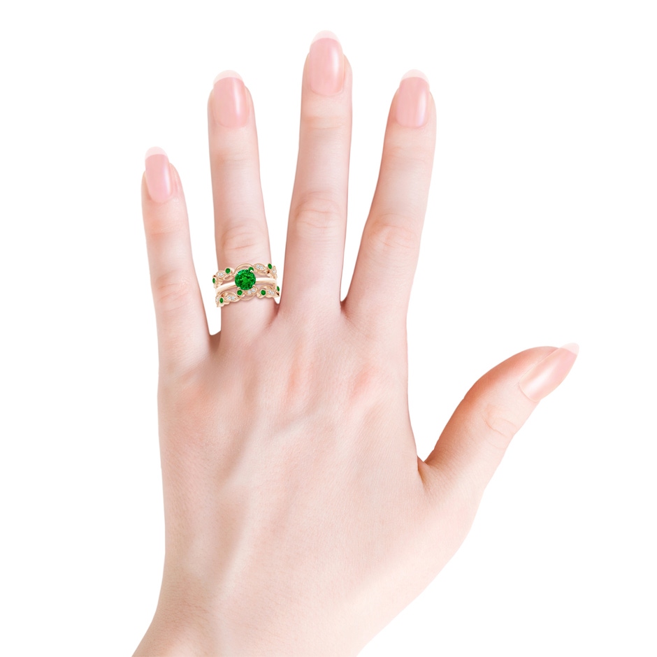 1.5mm AAAA Leaf Motif Emerald and Diamond Ring Wrap in Rose Gold Body-Hand