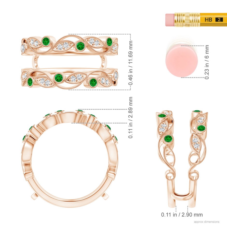 1.5mm AAAA Leaf Motif Emerald and Diamond Ring Wrap in Rose Gold Ruler