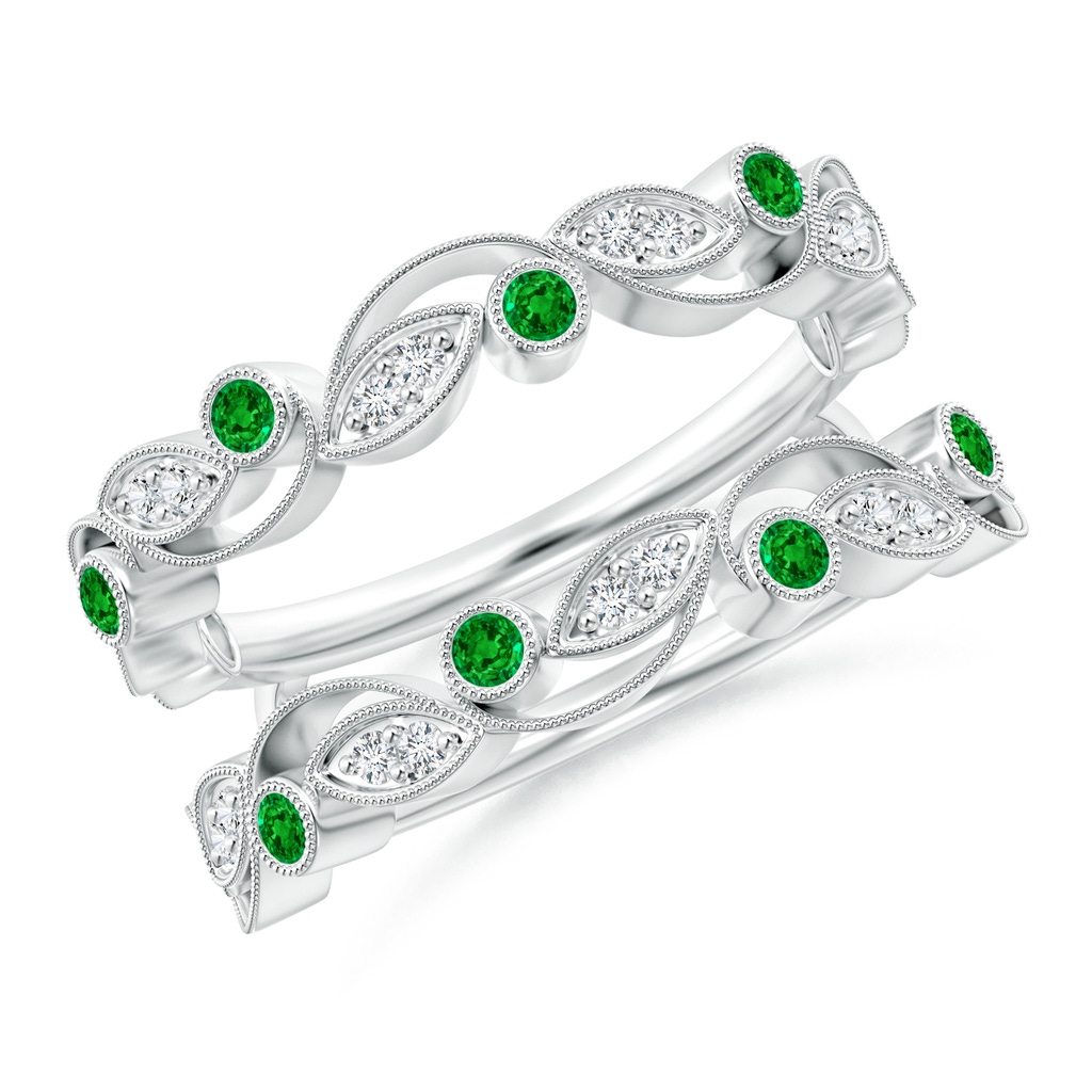 1.5mm AAAA Leaf Motif Emerald and Diamond Ring Wrap in White Gold