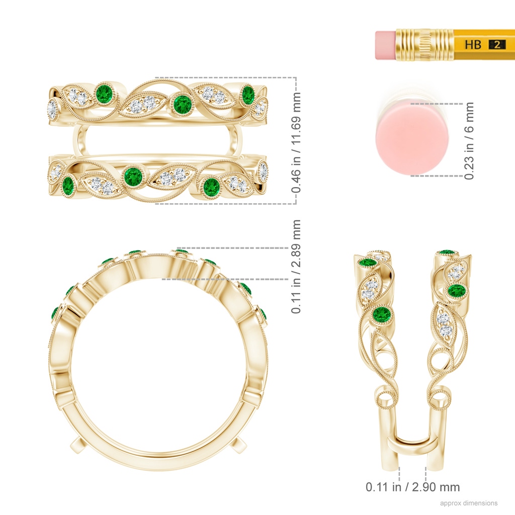 1.5mm AAAA Leaf Motif Emerald and Diamond Ring Wrap in Yellow Gold Ruler