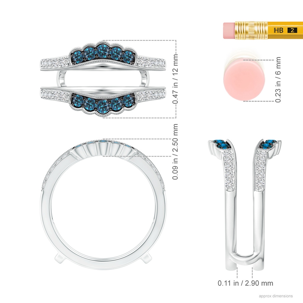 2mm AAA White & Blue Diamond Crown Ring Wrap with Milgrain in 18K White Gold Ruler