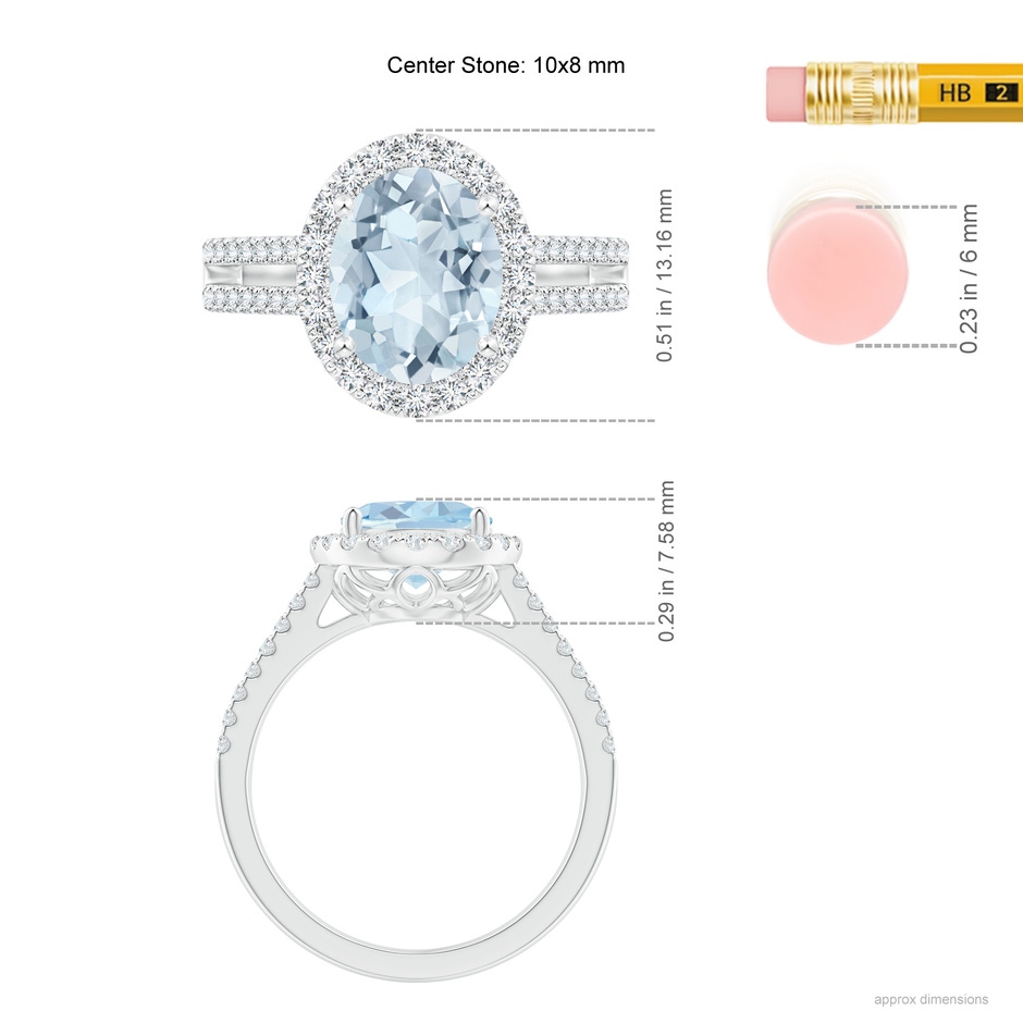 10x8mm A Oval Aquamarine Split Shank Halo Ring with Diamonds in White Gold ruler