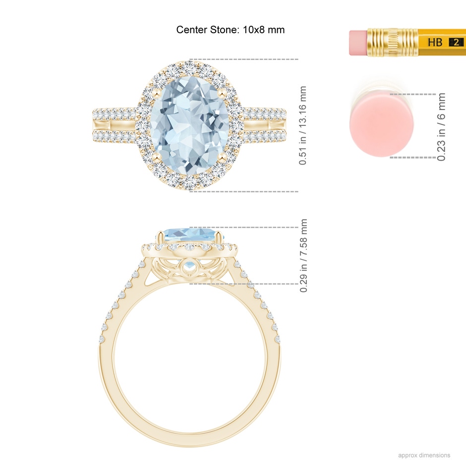 10x8mm A Oval Aquamarine Split Shank Halo Ring with Diamonds in Yellow Gold ruler