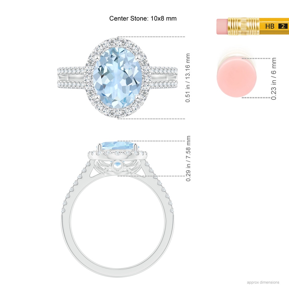 10x8mm AA Oval Aquamarine Split Shank Halo Ring with Diamonds in White Gold ruler