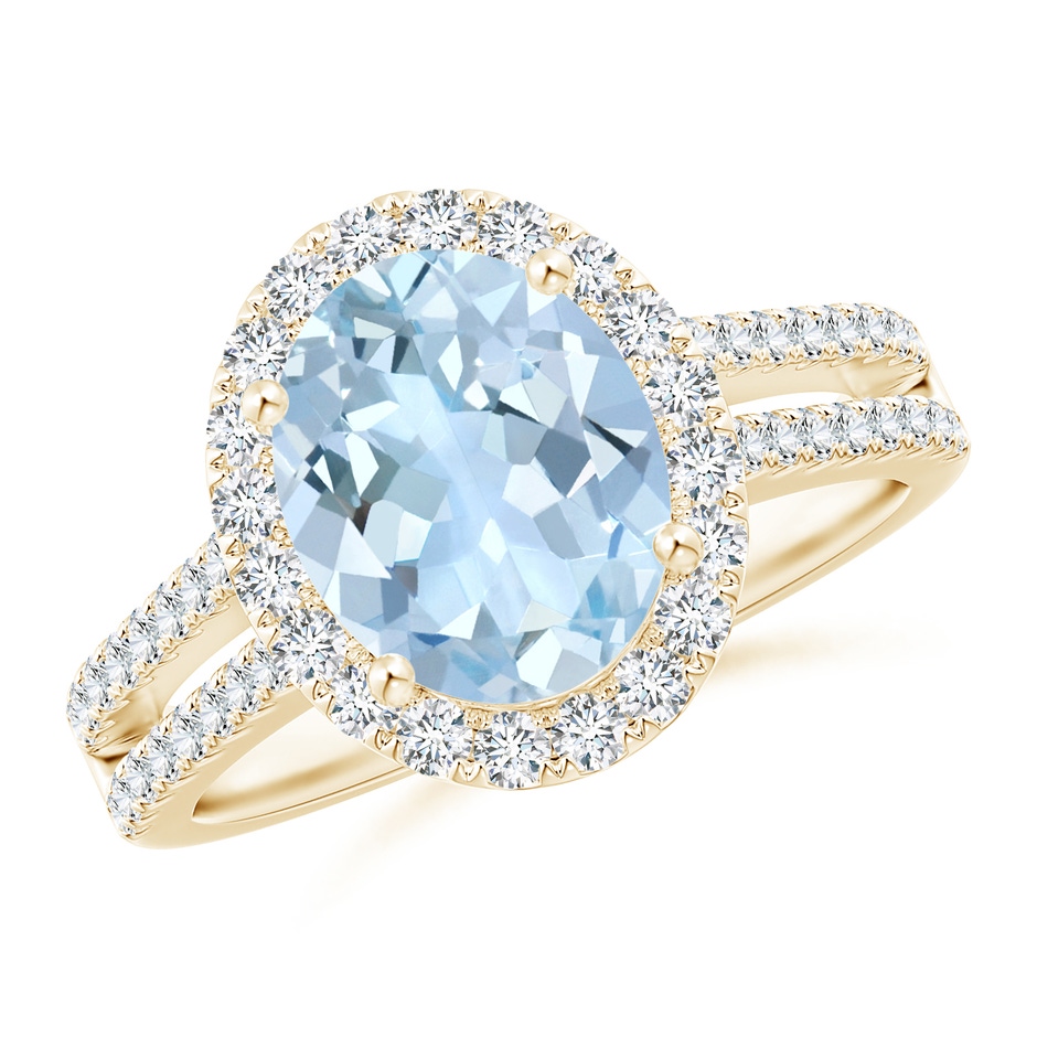 10x8mm AA Oval Aquamarine Split Shank Halo Ring with Diamonds in Yellow Gold 