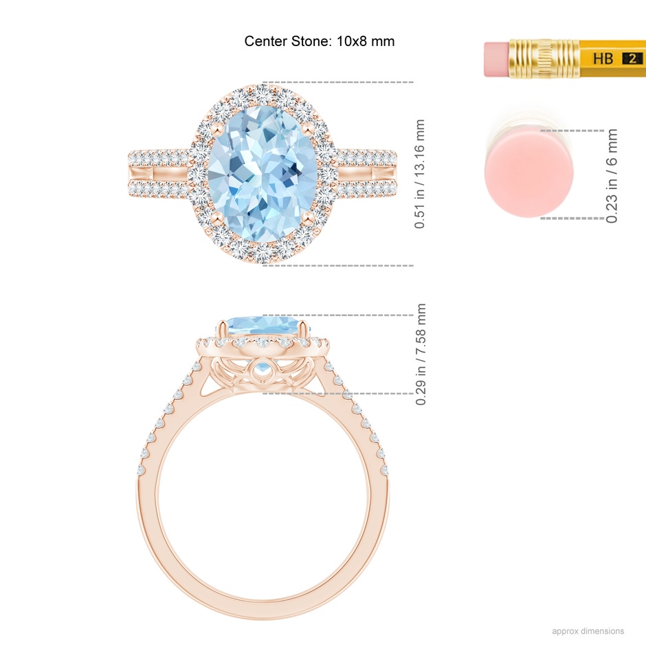 10x8mm AAA Oval Aquamarine Split Shank Halo Ring with Diamonds in Rose Gold ruler