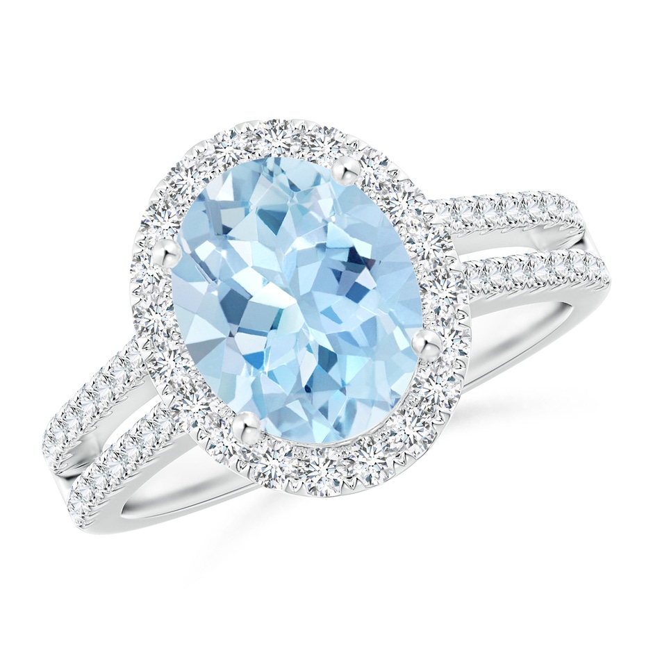 10x8mm AAA Oval Aquamarine Split Shank Halo Ring with Diamonds in White Gold 