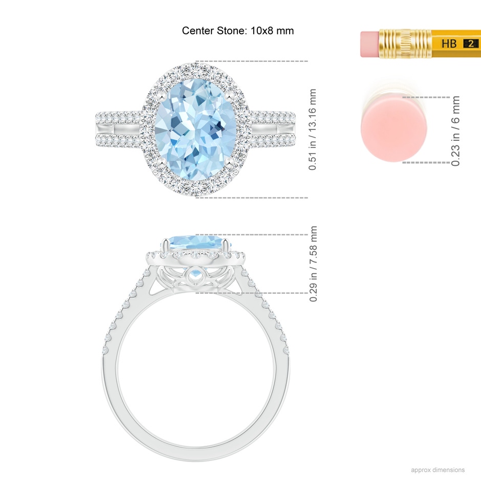 10x8mm AAA Oval Aquamarine Split Shank Halo Ring with Diamonds in White Gold ruler