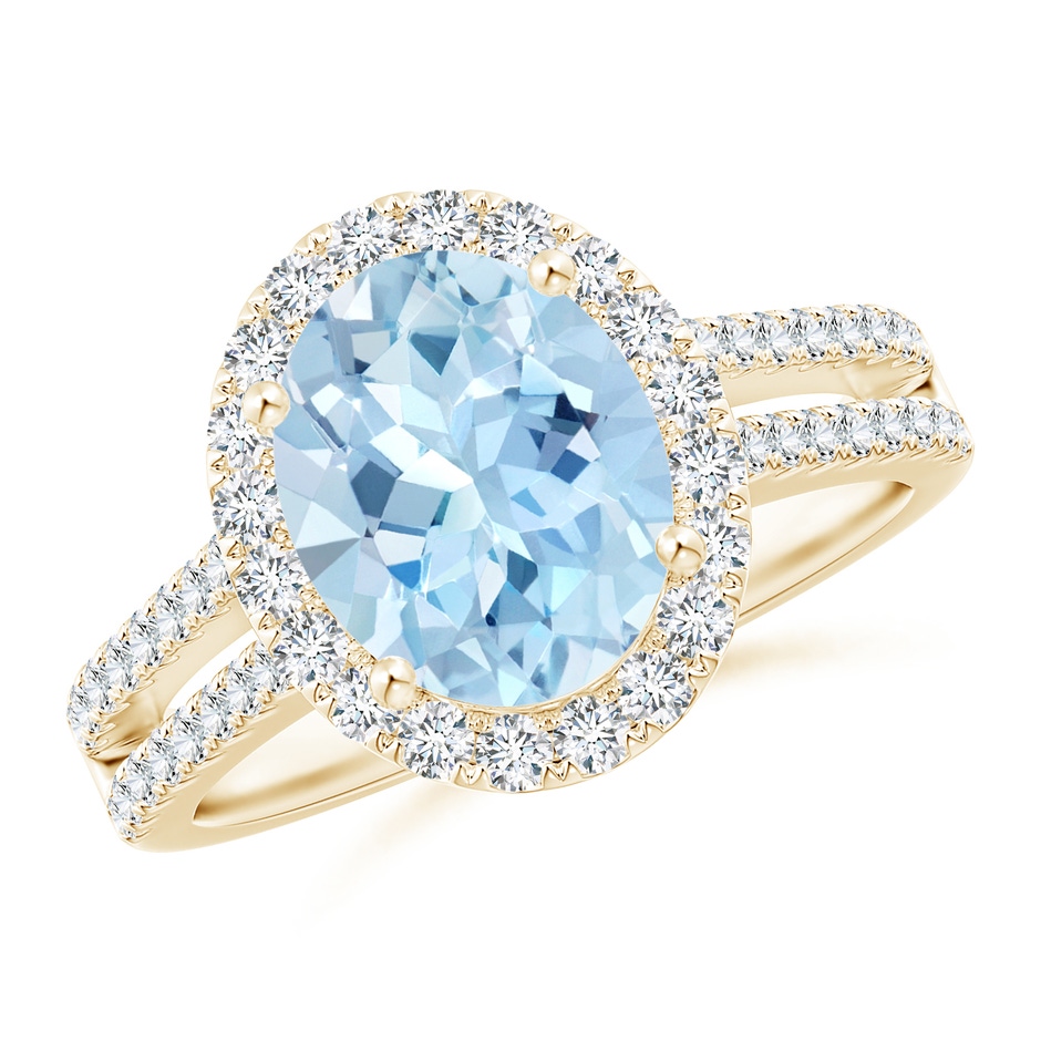 10x8mm AAA Oval Aquamarine Split Shank Halo Ring with Diamonds in Yellow Gold 