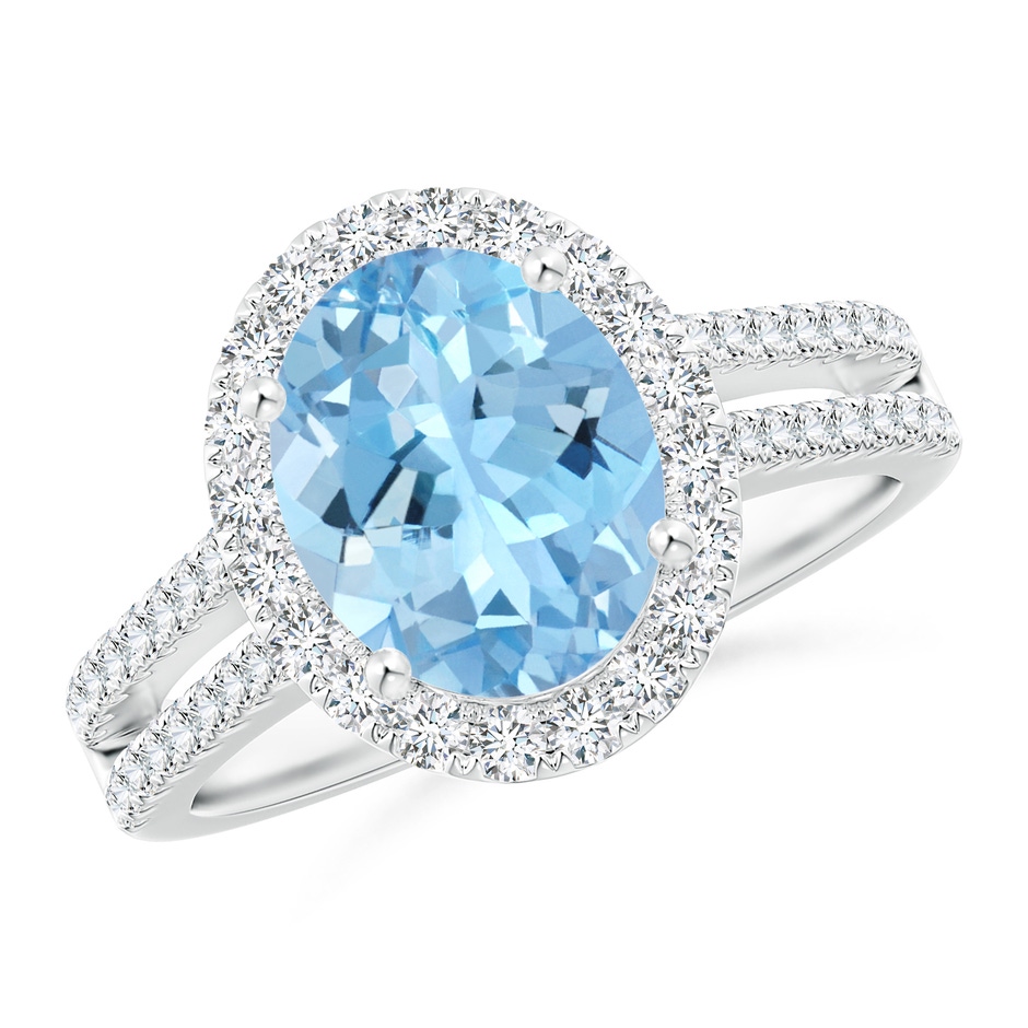 10x8mm AAAA Oval Aquamarine Split Shank Halo Ring with Diamonds in White Gold 
