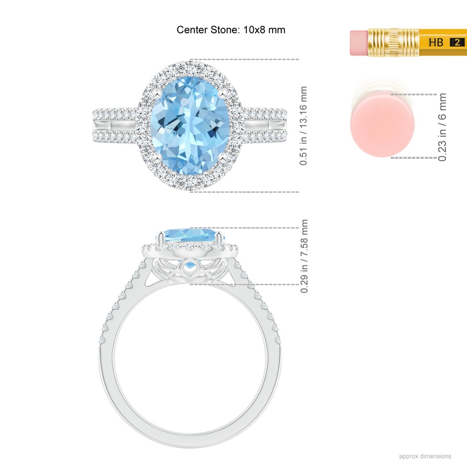 10x8mm AAAA Oval Aquamarine Split Shank Halo Ring with Diamonds in White Gold ruler