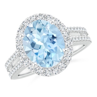 11x9mm AAA Oval Aquamarine Split Shank Halo Ring with Diamonds in P950 Platinum