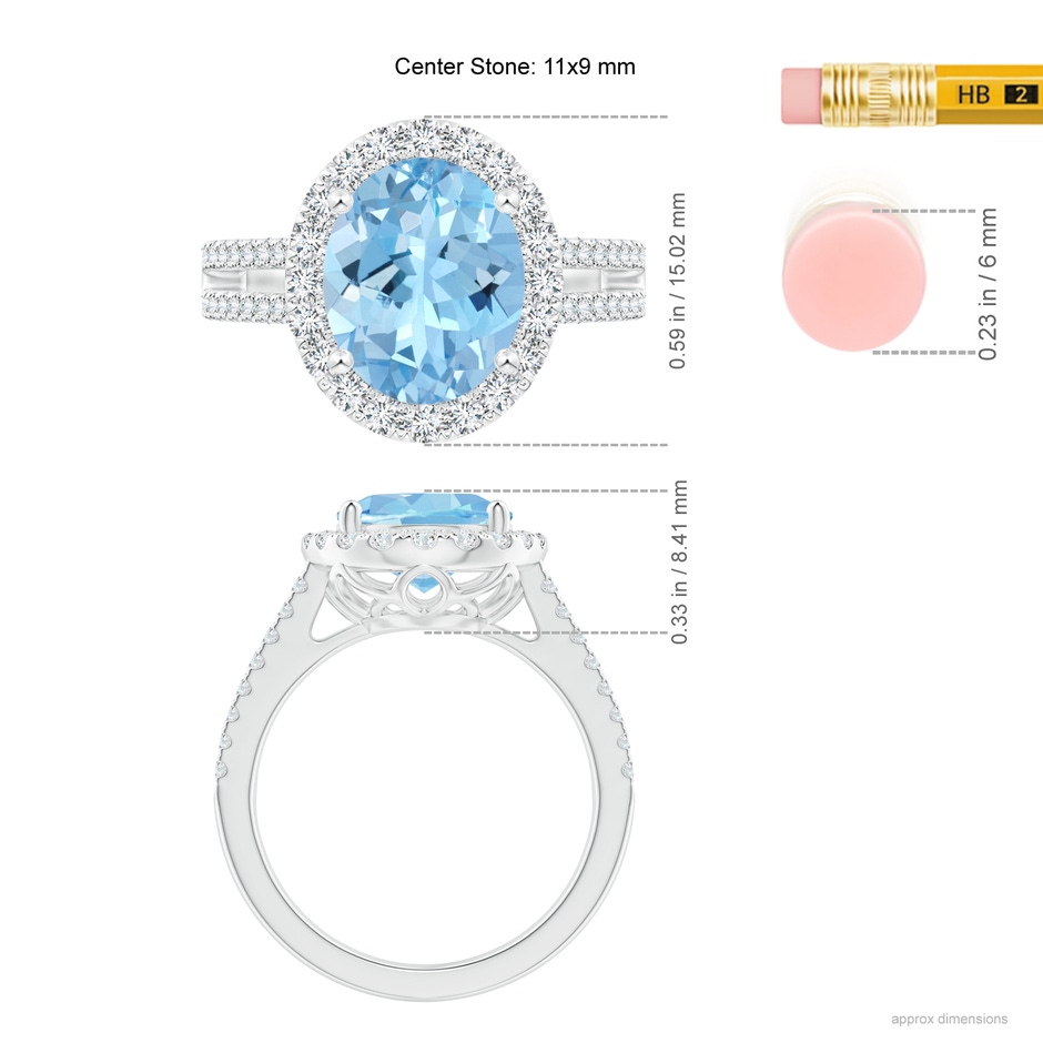 11x9mm AAAA Oval Aquamarine Split Shank Halo Ring with Diamonds in P950 Platinum ruler