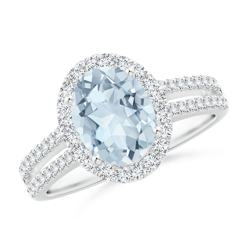 9x7mm A Oval Aquamarine Split Shank Halo Ring with Diamonds in White Gold 