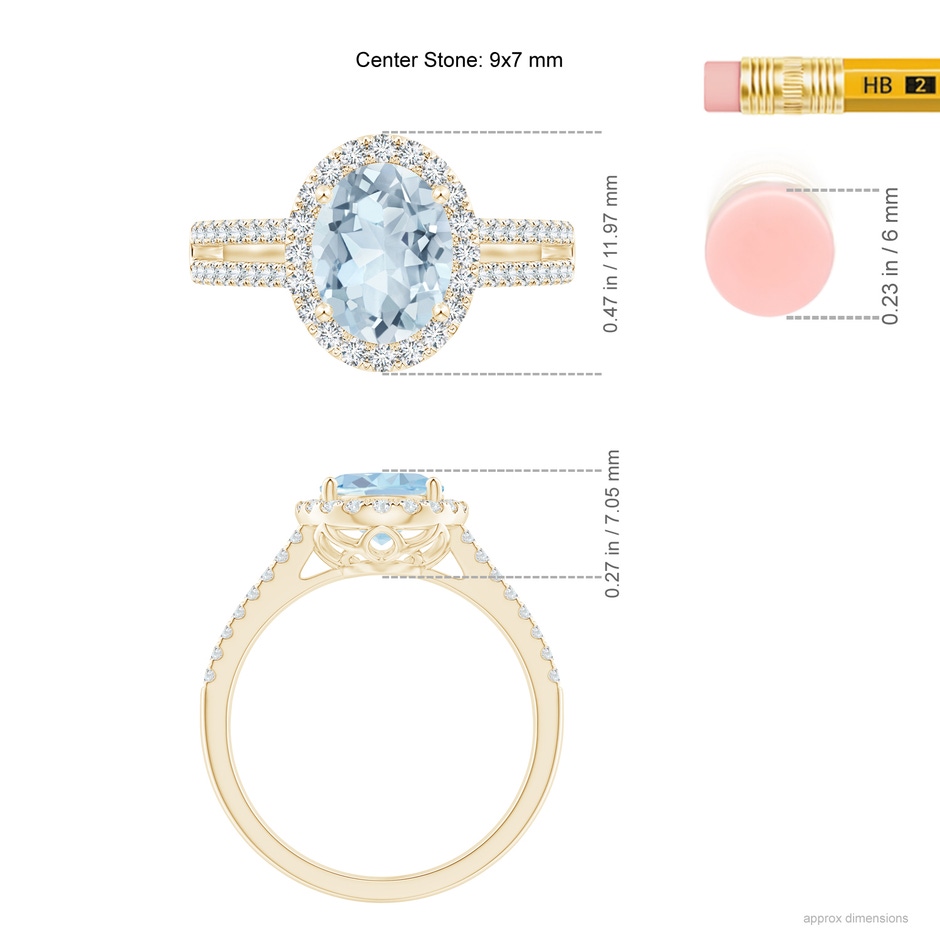 9x7mm A Oval Aquamarine Split Shank Halo Ring with Diamonds in Yellow Gold ruler
