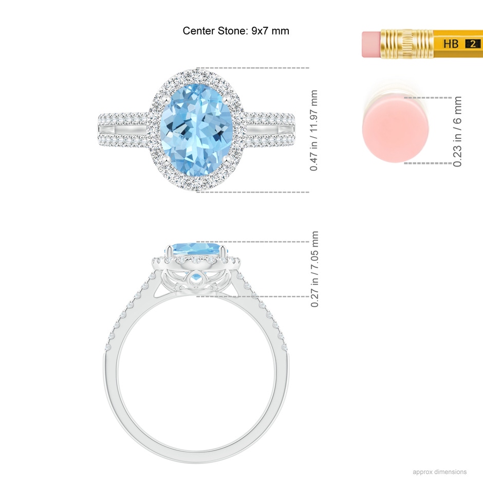 9x7mm AAAA Oval Aquamarine Split Shank Halo Ring with Diamonds in White Gold ruler