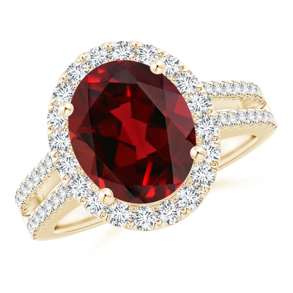 11x9mm AAAA Oval Garnet Split Shank Halo Ring with Diamonds in Yellow Gold 