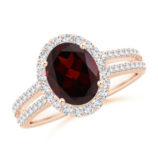 9x7mm A Oval Garnet Split Shank Halo Ring with Diamonds in Rose Gold